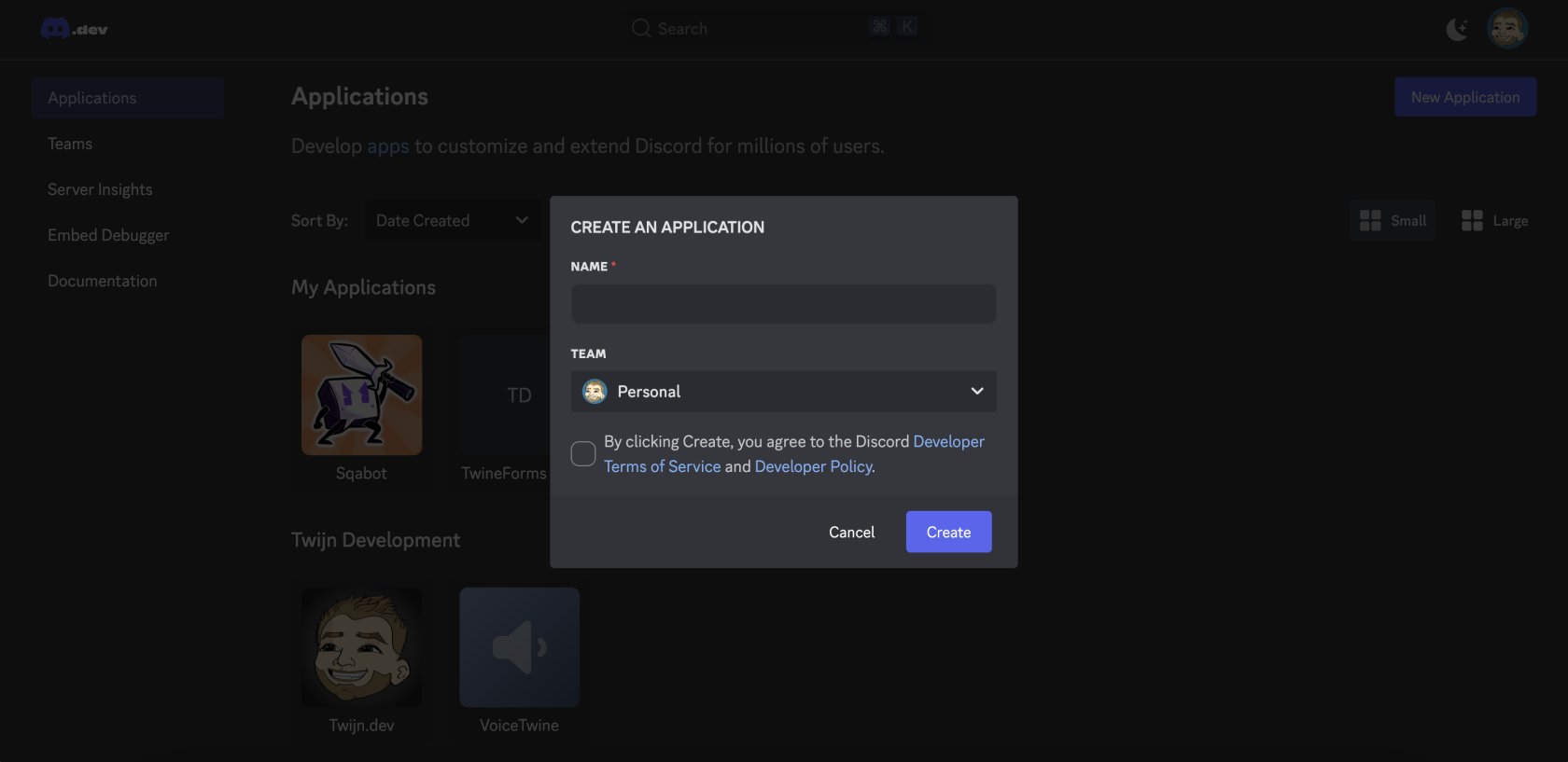 Create Application Modal in Discord