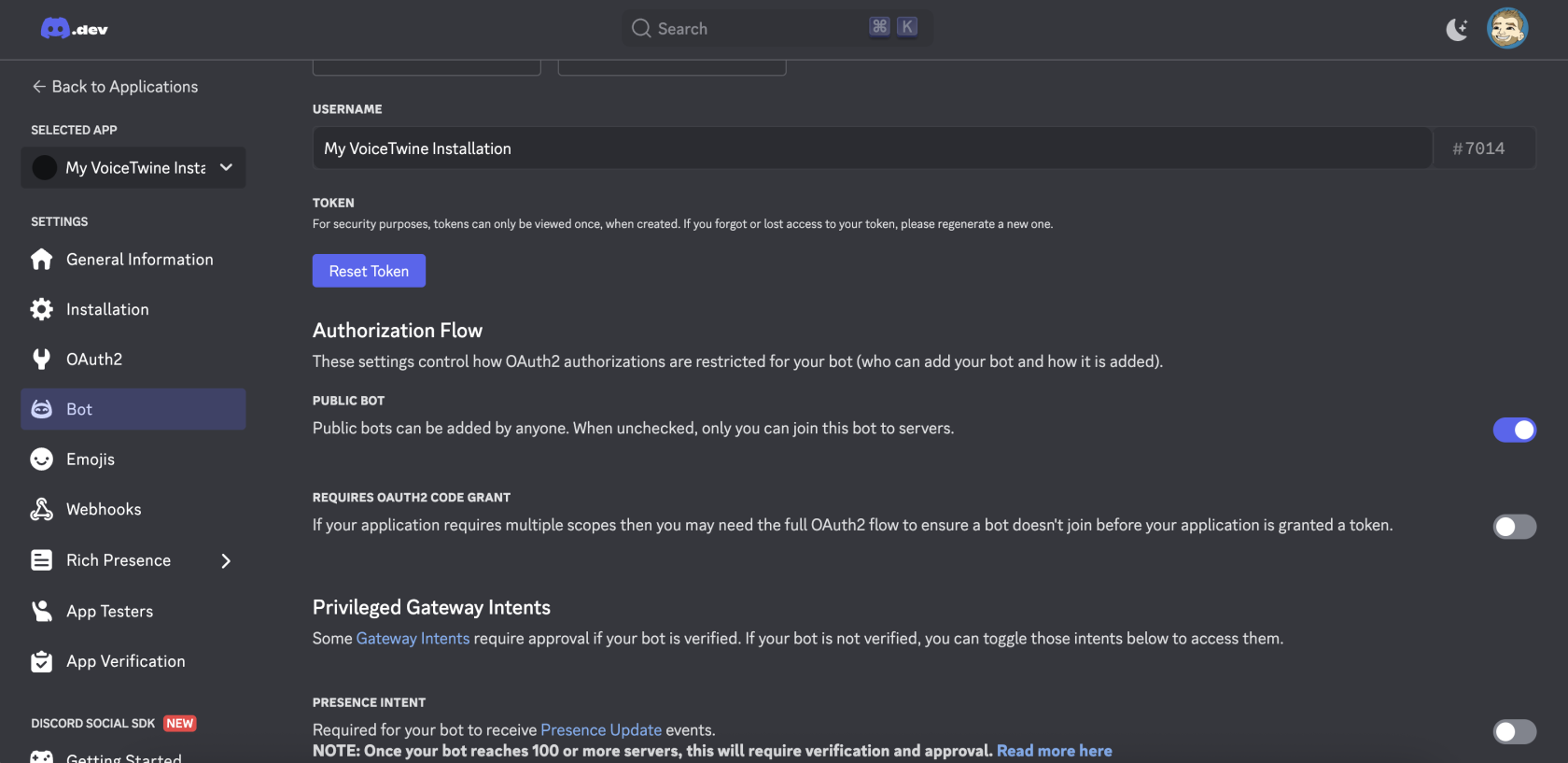 Bot Token Page on Discord